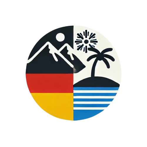 Minimalistisches rundes Logo mit Berg- und Palmensymbol für die Auswanderungs-Website DACH2PH.com.